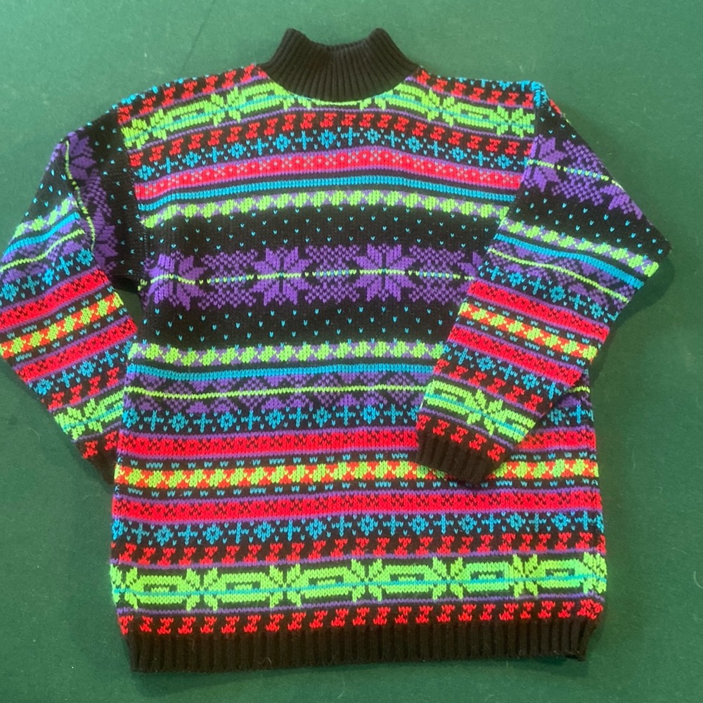Vintage Black Sweater with Neon Green, Red, Purple & Blue Fair Isle Pattern